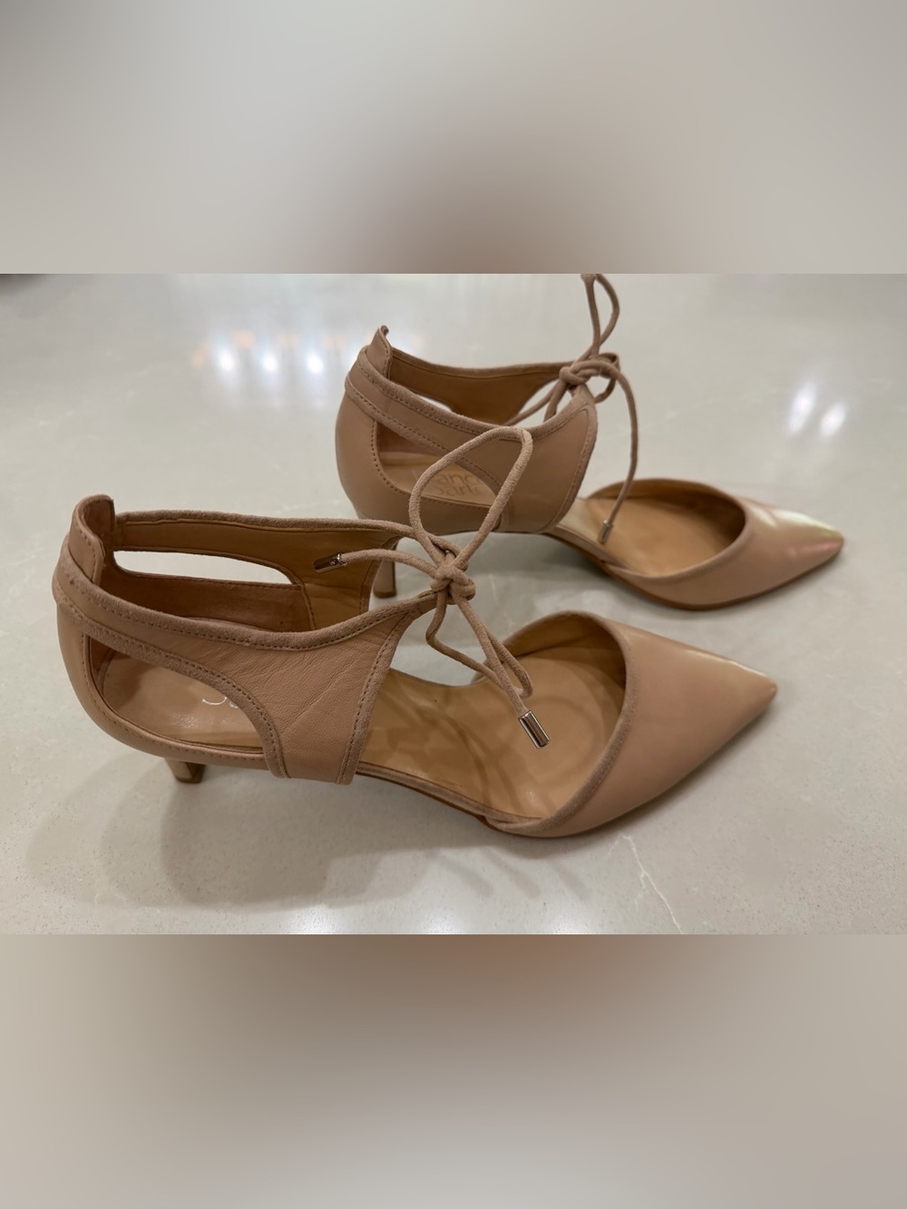 Franco Sarto L-Darlis Nude Leather Lace-Up Ankle Pointed Toe Kitten Heels, 10M